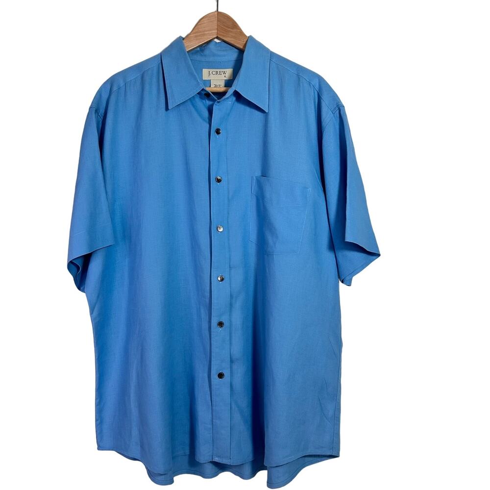 J Crew Mens 100% Linen Blue Button Down Shirt Short Sleeve Size XL Vacation Golf